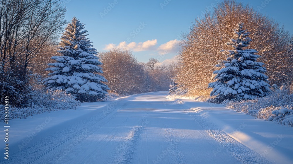 Obraz premium Snow-covered road with pine trees at sunset.