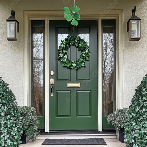 A detailed arrangement of St. Patrick’s Day decorations adorns a front door.