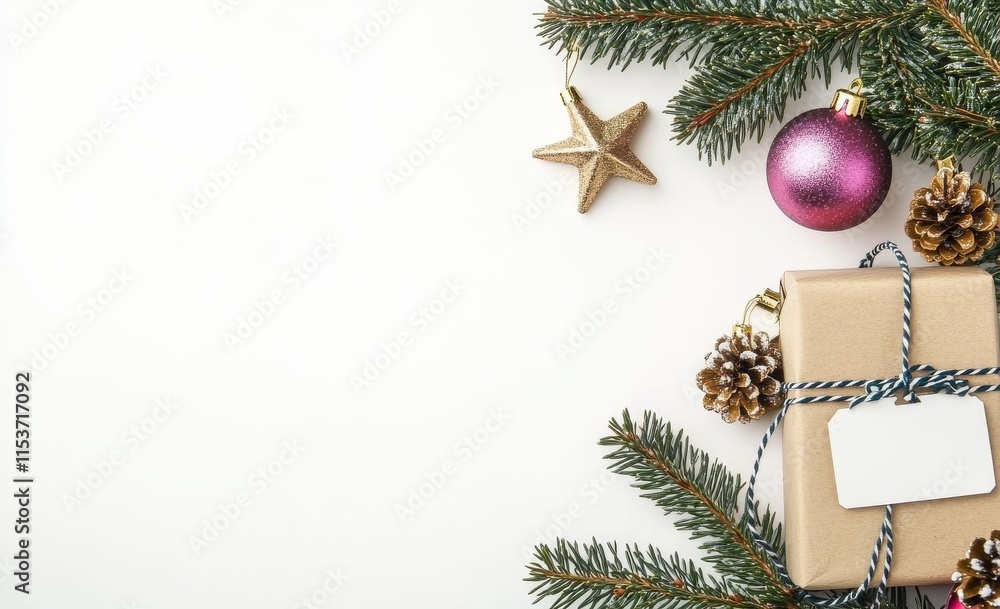 A flat lay top view showcases a Christmas gift box with a paper tag and Christmas decorations against a white background, capturing the essence of winter and the new year, with plenty of space for A flat lay top view showcases a Christmas gift box with a paper tag and Christmas decorations against a white background, capturing the essence of winter and the new year, with plenty of space for