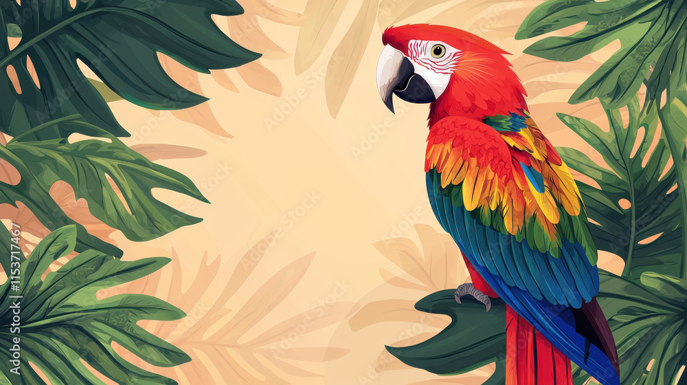 Obraz premium Pirate cartoon kids story. Colorful parrot surrounded by tropical leaves on a light background.