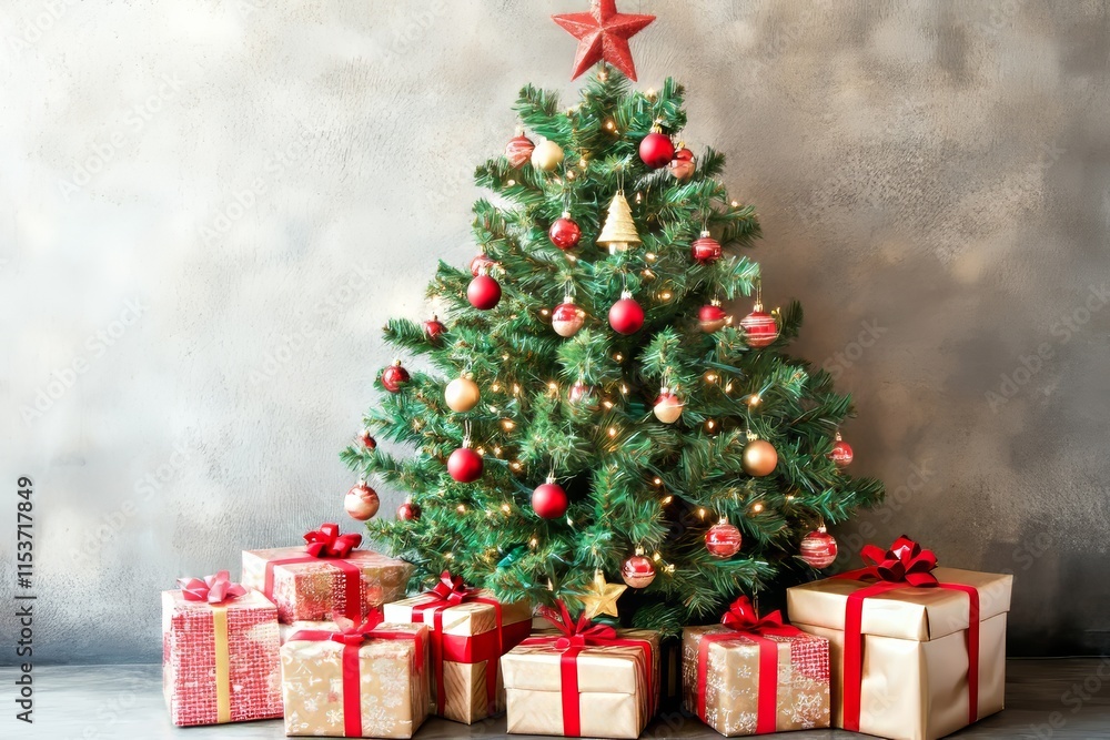 A Christmas tree beautifully decorated with soft yellow lights, set against a backdrop of bokeh effect. The interior of the apartment features traditional New Year holiday decor, softly lit to A Christmas tree beautifully decorated with soft yellow lights, set against a backdrop of bokeh effect. The interior of the apartment features traditional New Year holiday decor, softly lit to