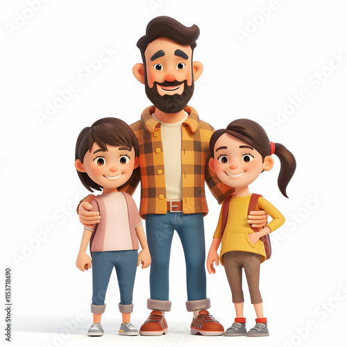 Wallpaper Mural Happy Family Moment with Father and Two Children in Cartoon Style Torontodigital.ca