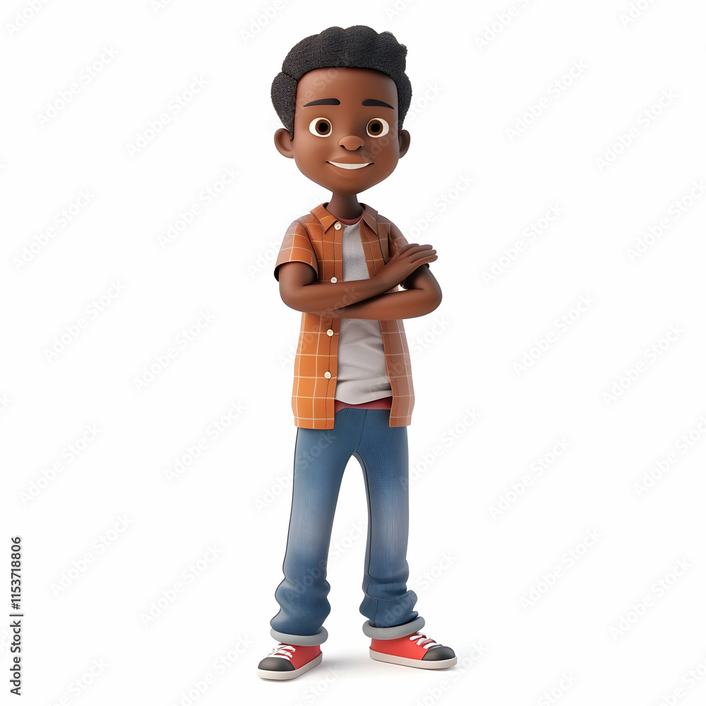 Cheerful cartoon character standing confidently with crossed arms Cheerful cartoon character standing confidently with crossed arms