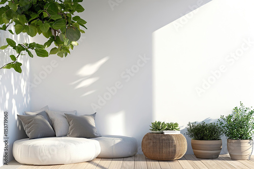 Minimalistischer Balkon mit gemütlicher Sitzecke und Pflanzen photo