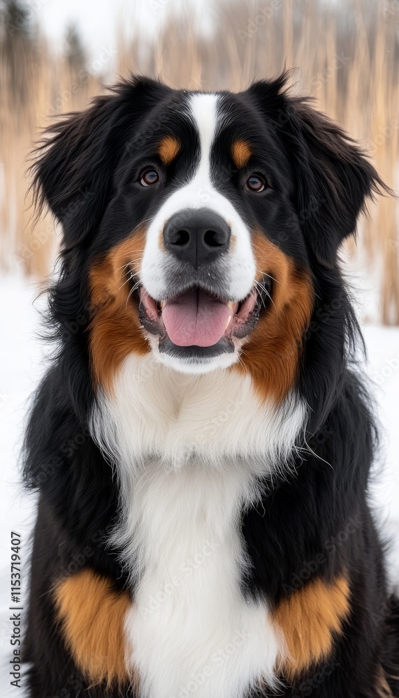 Portrait of a Happy Bernese Mountain Dog with Black, White, and Tan Fur, Blurred Background Portrait of a Happy Bernese Mountain Dog with Black, White, and Tan Fur, Blurred Background