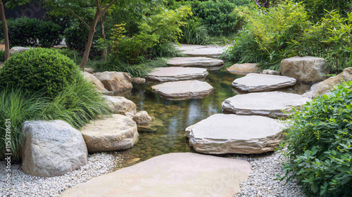 serene garden path with stepping stones over tranquil stream, surrounded by lush greenery and rocks, creating peaceful atmosphere for relaxation and reflection