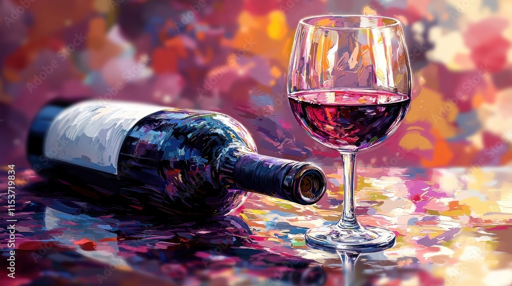 Fototapeta premium Elegant Red Wine Glass and Bottle on Colorful Background, Perfect for Celebrations, Fine Dining, and Gourmet Experiences Captured in Artistic Style