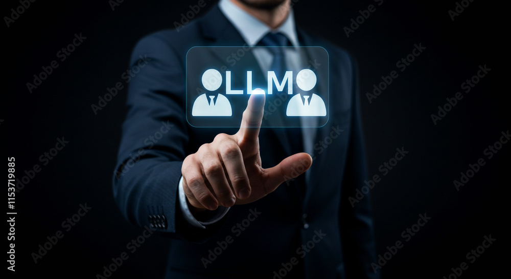 LLM Concept on Virtual Digital Screen with Businessman Interaction LLM Concept on Virtual Digital Screen with Businessman Interaction