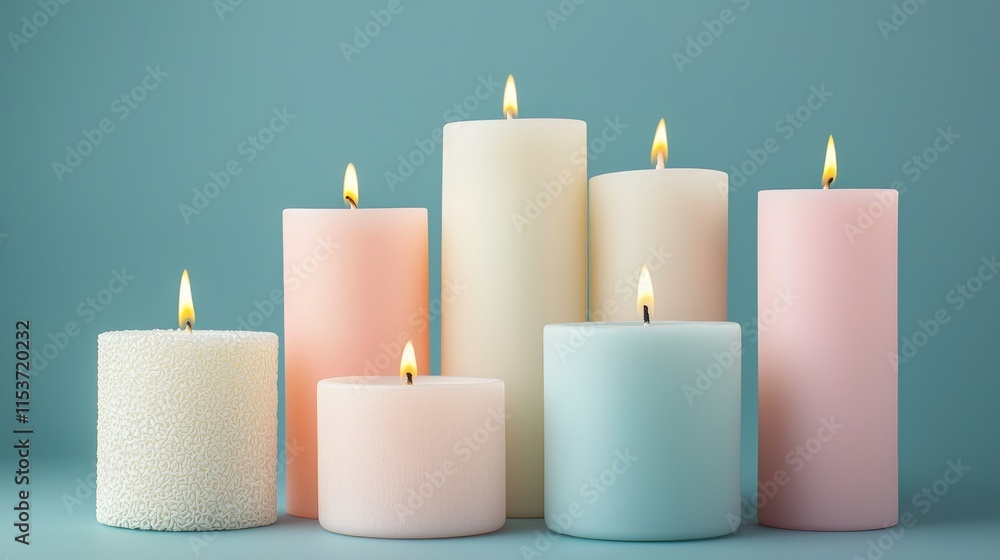 A serene arrangement of colorful candles in soft pastels, each flickering gently against a calming blue background. A serene arrangement of colorful candles in soft pastels, each flickering gently against a calming blue background.