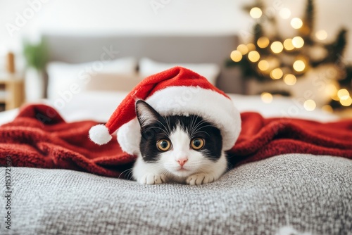 A cozy and cutelittle cat adorned with a red hat gazes at the camera, situated in a festive New Year and Christmas setting. The soft, blurred garland lights create a warm bokeh effect. Ideal for an photo