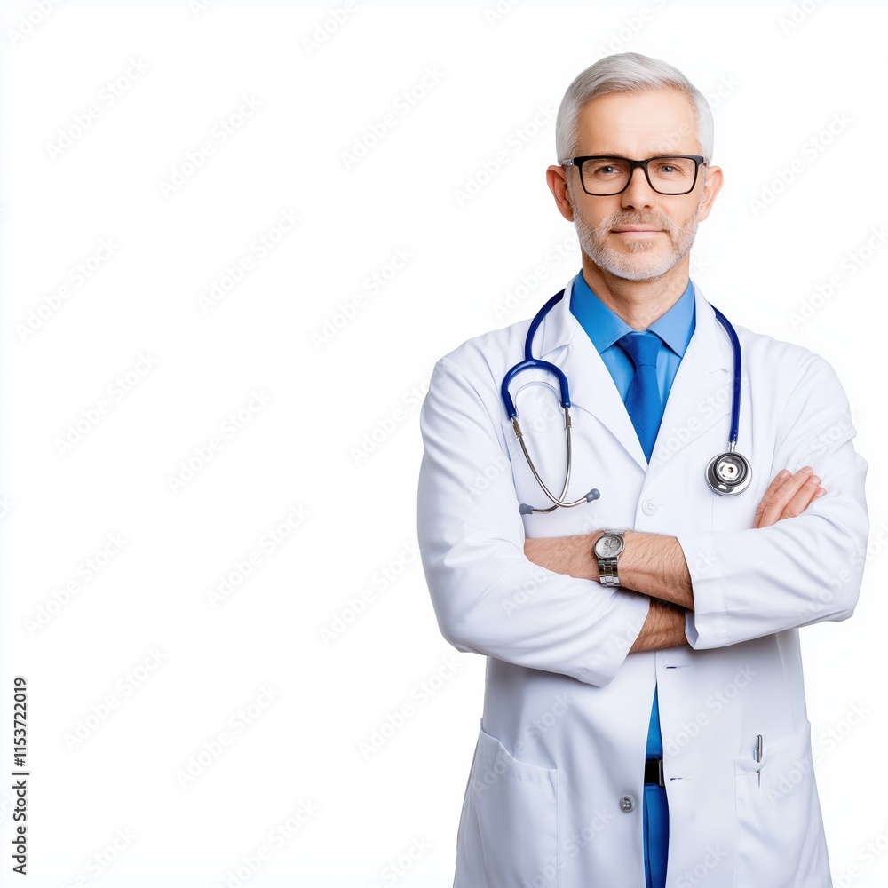Elderly male doctor in glasses and white coat with arms crossed, wearing a stethoscope, showcasing authority and experience in healthcare Elderly male doctor in glasses and white coat with arms crossed, wearing a stethoscope, showcasing authority and experience in healthcare
