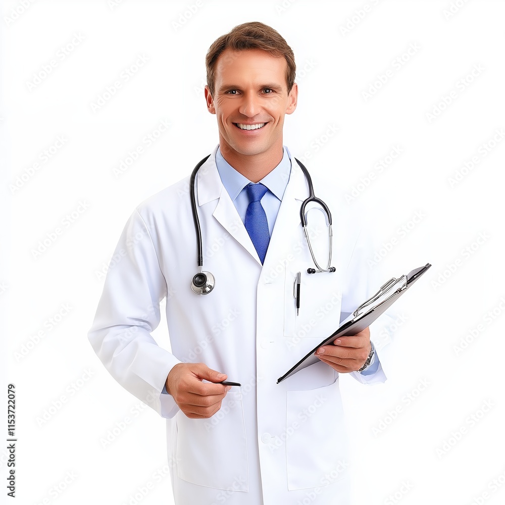 Smiling male doctor holding a clipboard, wearing a white coat and stethoscope, appearing friendly and professional in a medical setting Smiling male doctor holding a clipboard, wearing a white coat and stethoscope, appearing friendly and professional in a medical setting