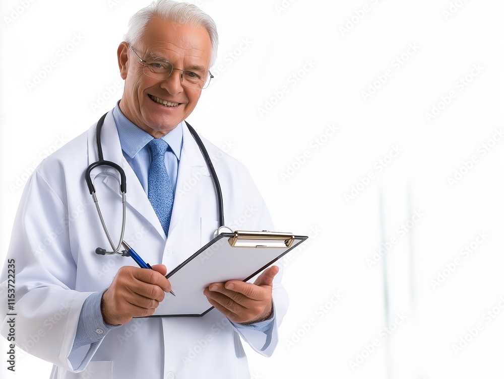 Elderly male doctor smiling warmly while holding a clipboard and stethoscope in a professional medical setting Elderly male doctor smiling warmly while holding a clipboard and stethoscope in a professional medical setting