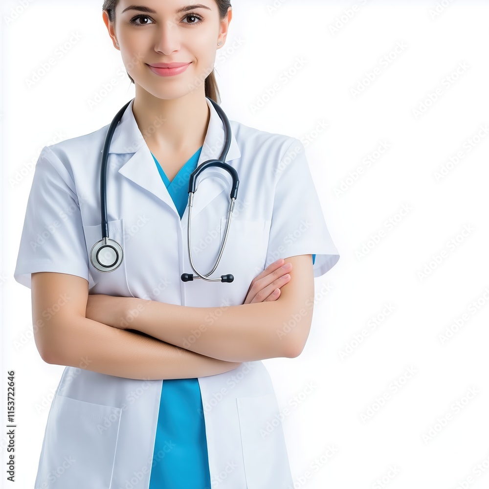 Smiling female healthcare worker with arms crossed, dressed in a white coat and stethoscope, ready for patient care Smiling female healthcare worker with arms crossed, dressed in a white coat and stethoscope, ready for patient care