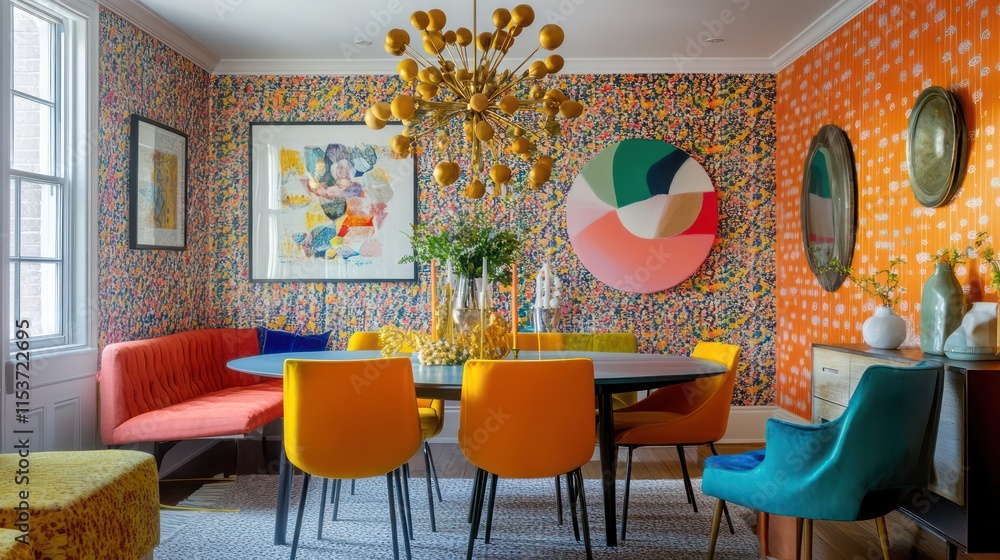 Obraz premium A vibrant dining room with bold wallpaper, a statement chandelier, and colorful seating arrangements