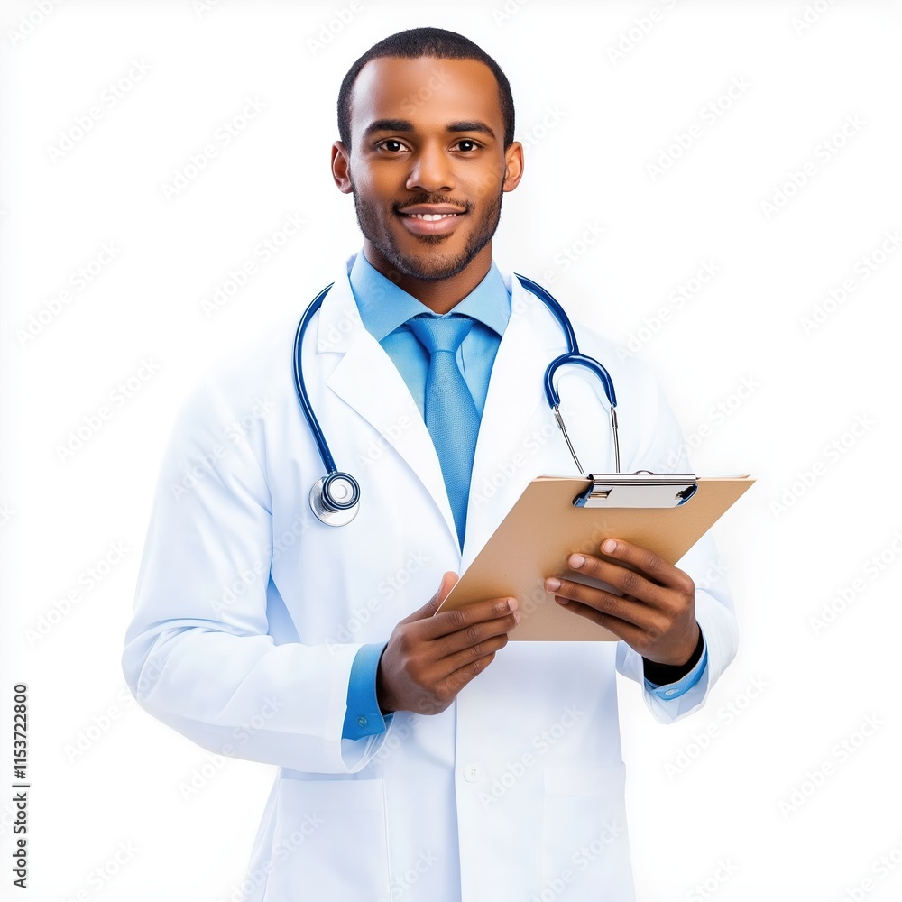Smiling young male physician with a clipboard and stethoscope, dressed professionally in a medical setting Smiling young male physician with a clipboard and stethoscope, dressed professionally in a medical setting