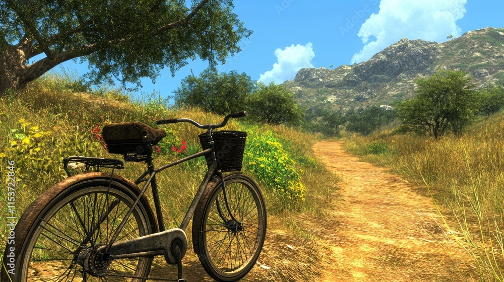 A bicycle rests beside a scenic dirt path surrounded by greenery and mountains under a blue sky. A bicycle rests beside a scenic dirt path surrounded by greenery and mountains under a blue sky.