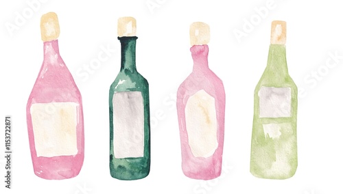 Abstract bottles of alcohol and lemonade in pink and green on a white background. Elements for the design of invitations to parties, restaurant menus, cafes