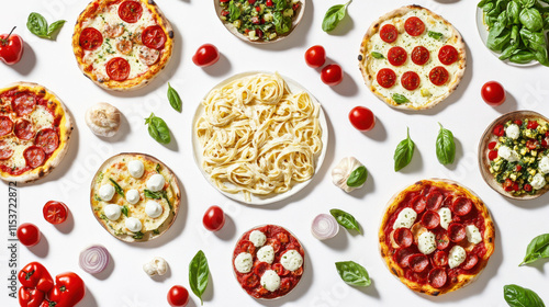 A tantalizing array of Italian delicacies on a bright white background, showcasing creamy fettuccine alfredo, bruschetta with fresh toppings, colorful caprese salad, and wood-fired Margherita pizza, s photo