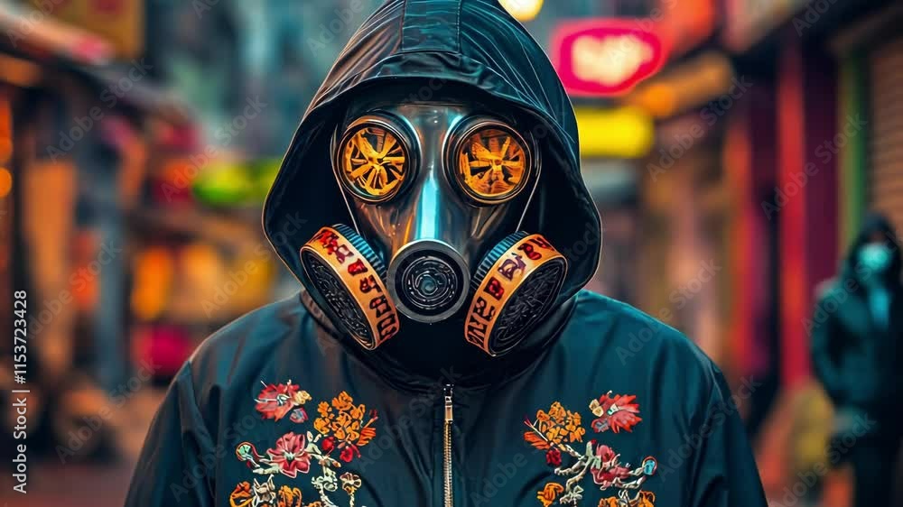 A hooded figure in a gas mask stands in a vibrant, urban street. A hooded figure in a gas mask stands in a vibrant, urban street.