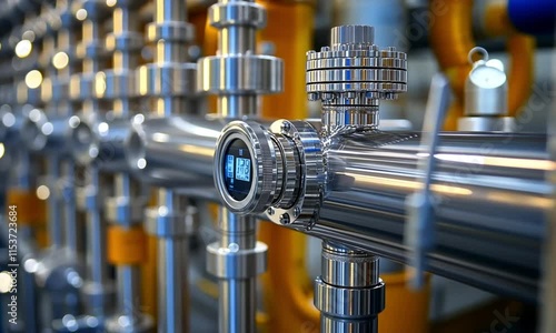 Closeup of Industrial Flow Meter System in a Modern Factory Setting