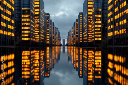 A 3D-rendered HDR image of a futuristic city with sharp buildings reflecting sunlight and vibrant glowing lights in every window at dusk