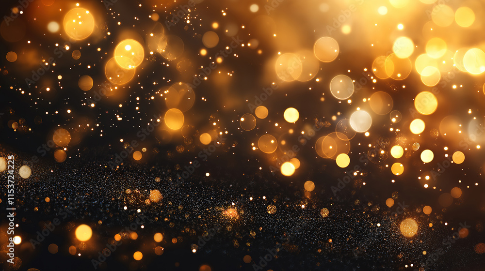 Golden Bokeh Background with Sparkling Texture, A stunning bokeh background featuring a rich blend of golden lights and glittering particles.