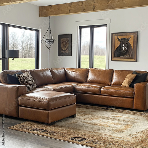 Luxurious brown leather sectional sofa in modern living room, featuring large windows and rustic decor. Perfect for comfort and style in any home photo