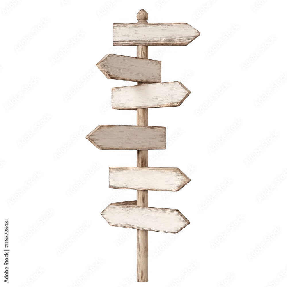 Wooden signpost with four arrows mockup pointing in different directions, standing on a green bush, isolated on transparent background Wooden signpost with four arrows mockup pointing in different directions, standing on a green bush, isolated on transparent background