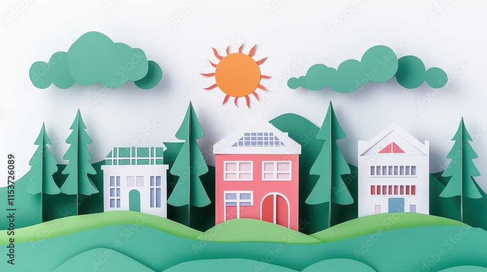 Climate activism change solution concept. Paper cut illustration of eco-friendly suburban houses with solar panels surrounded by trees and sunny sky Climate activism change solution concept. Paper cut illustration of eco-friendly suburban houses with solar panels surrounded by trees and sunny sky