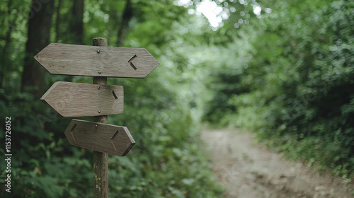 wooden trail signpost in lush forest, with arrows indicating different directions. serene environment invites exploration and adventure photo