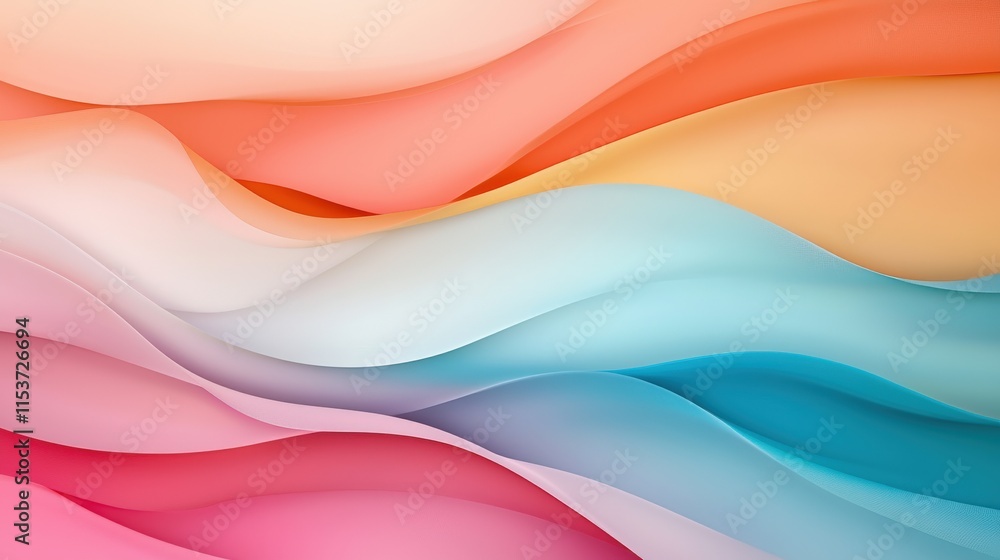 Fototapeta premium A vibrant, flowing wave pattern featuring soft gradients of pink, orange, and blue, creating a sense of tranquility and fluidity.