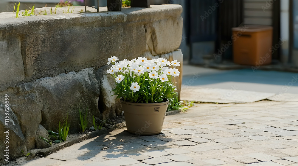 Potted Daisies by Stone Wall Realistic Photo Potted Daisies by Stone Wall Realistic Photo