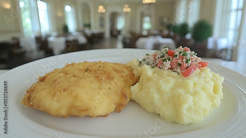 Crispy fried fish with mashed potatoes and tomato salsa. photo