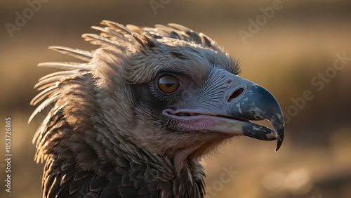 A vulture in mid-flight, its wide wings spread, soaring high above a canyon with dramatic lighting, capturing the rugged cliffs and shadows below, creating a dynamic and high-resolution wildlife image photo