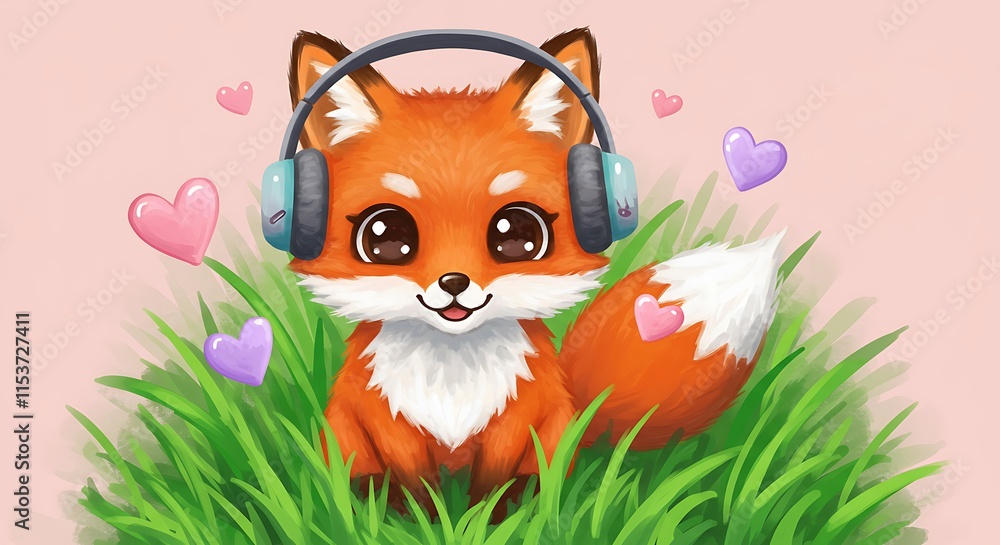 Obraz premium Fox in Grass with Headphones and Hearts background for children's book illustration 