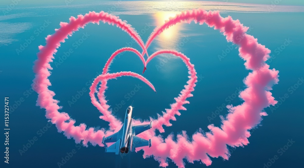 Naklejka premium Clear Blue Sky with a Fighter Jet Creating a Pink Heart .