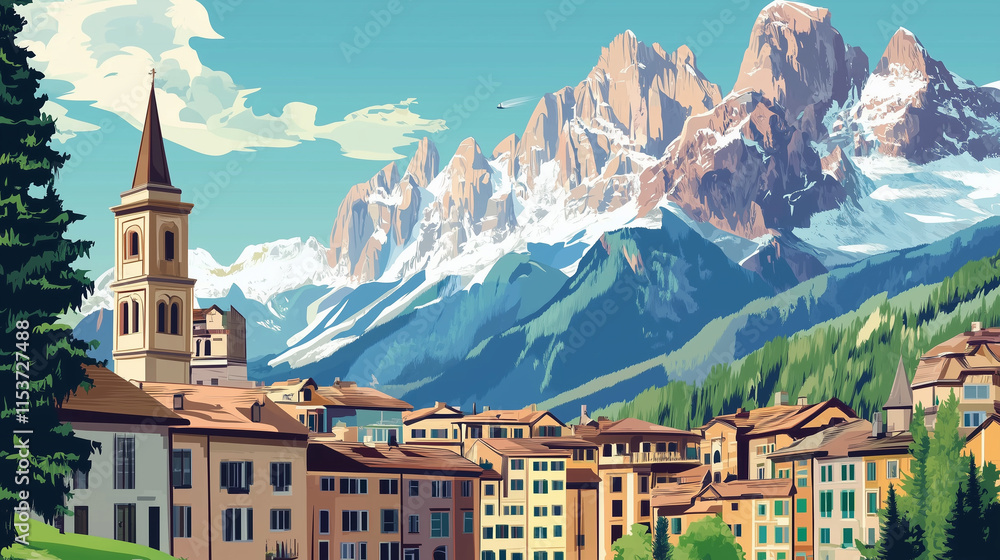 Naklejka premium Illustration, Cortina d’Ampezzo, a beautiful village in the Italian dolomites, Italy. Touristic advertisement poster. Promotional touristic poster. Must-see tourist travel destination.