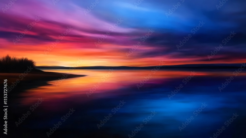 Fototapeta premium Vibrant Sunset over Serene Lake: A Colorful Landscape