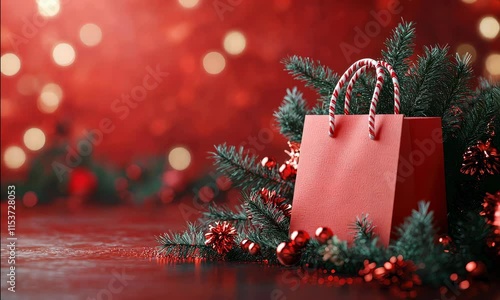 Christmas discount sign with shopping bag, isolated background, 3D Blender, close-up, minimal design