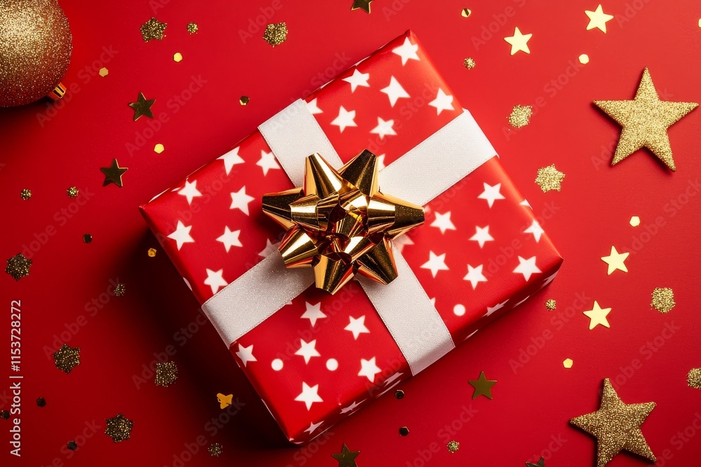 A Happy Red Background Accompanied by a New Year Gift and Lights A Happy Red Background Accompanied by a New Year Gift and Lights