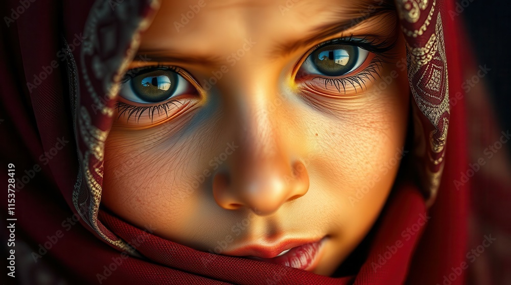 Close-up portrait of a young child with vivid blue eyes, wearing a detailed red scarf, illuminated by warm, dramatic lighting.
Close-up portrait of a young child with vivid blue eyes, wearing a detailed red scarf, illuminated by warm, dramatic lighting.
