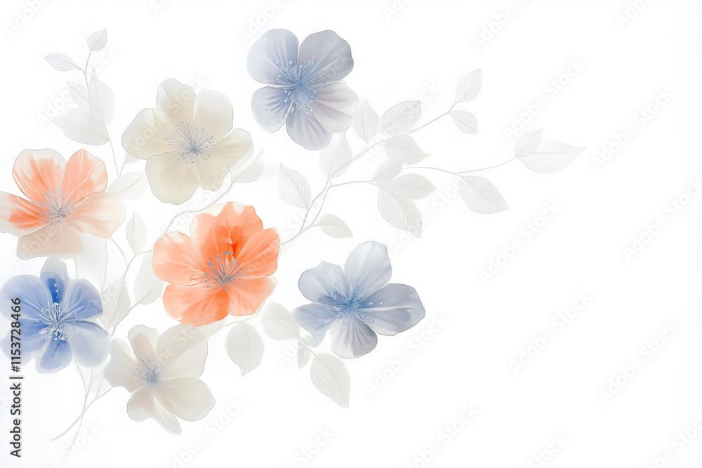 Obraz premium Elegant blue and orange watercolor floral wedding invitation featuring a gauche painting style on a soft white background, with ample copy space for engagement or party event details.