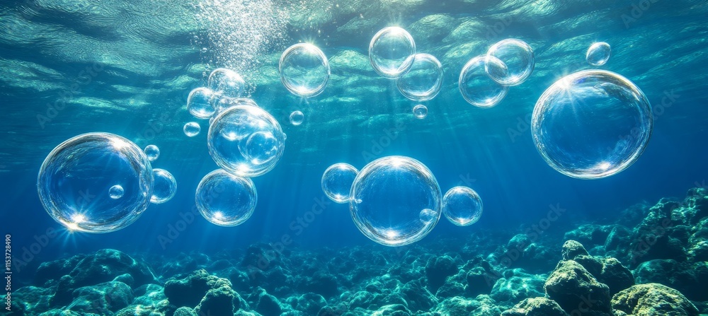 Underwater Tranquility Air Bubbles Ascend Gracefully in Crystal-Clear Turquoise Water Underwater Tranquility Air Bubbles Ascend Gracefully in Crystal-Clear Turquoise Water