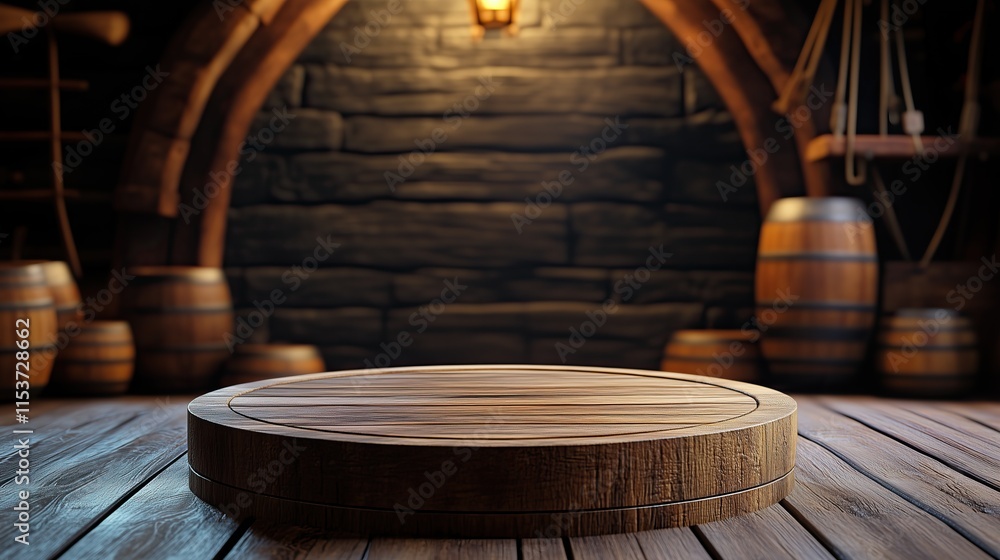 Fototapeta premium close up of empty round cylinder pedestal display or podium platform in cargo hold of a pirate ship