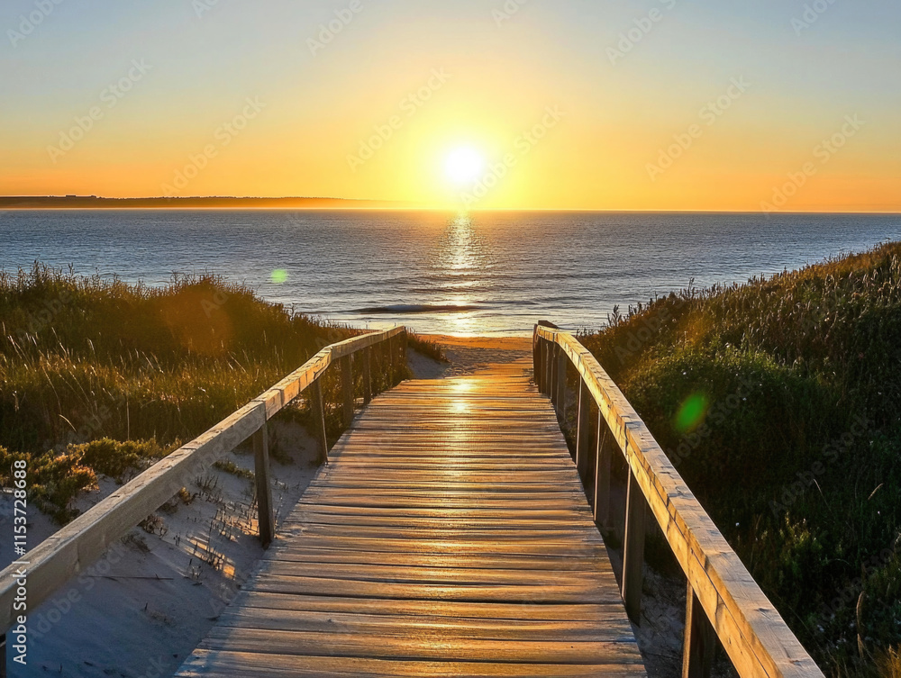 Obraz premium At Sunset, a Wooden Boardwalk Leading to the Sea with a Vast View of the Sky and Sea Blending into One.