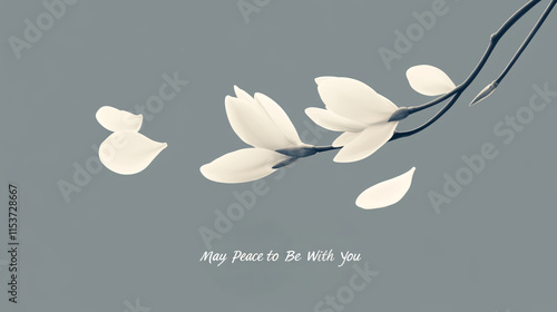 Illustration of soft white petals gently falling from above with the words 'May Peace Be With You'.