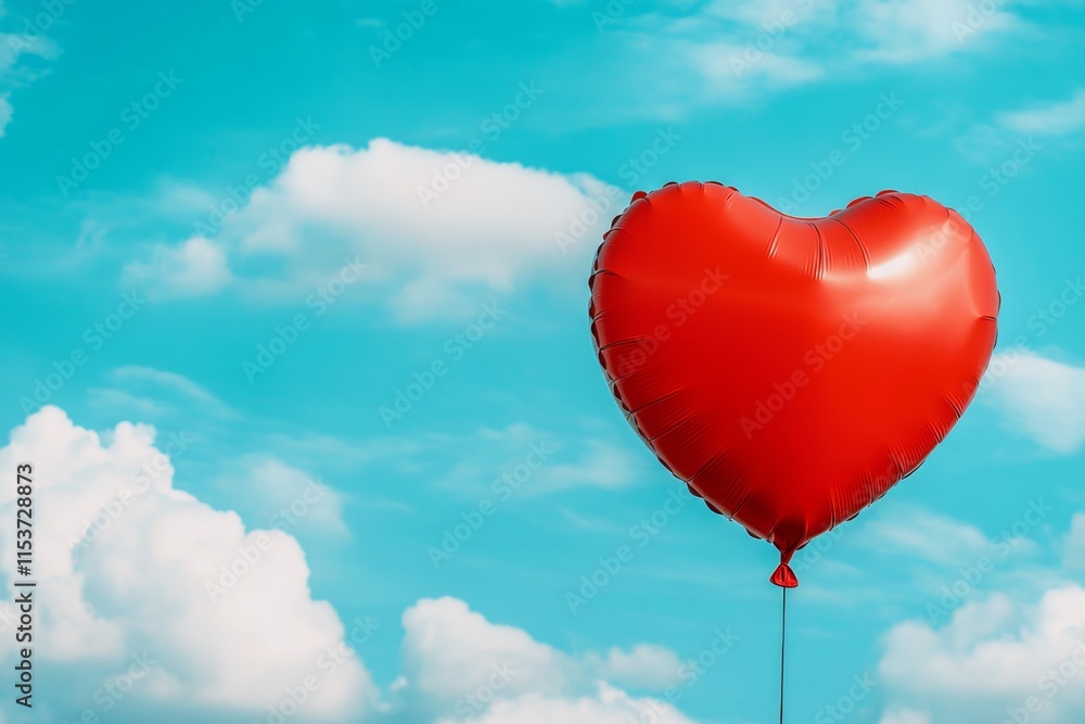 A detailed image of a bright red heart-shaped balloon floating in the sky, surrounded by fluffy clouds A detailed image of a bright red heart-shaped balloon floating in the sky, surrounded by fluffy clouds