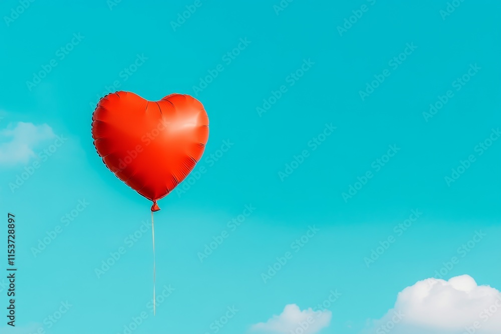 A detailed image of a bright red heart-shaped balloon floating in the sky, surrounded by fluffy clouds A detailed image of a bright red heart-shaped balloon floating in the sky, surrounded by fluffy clouds