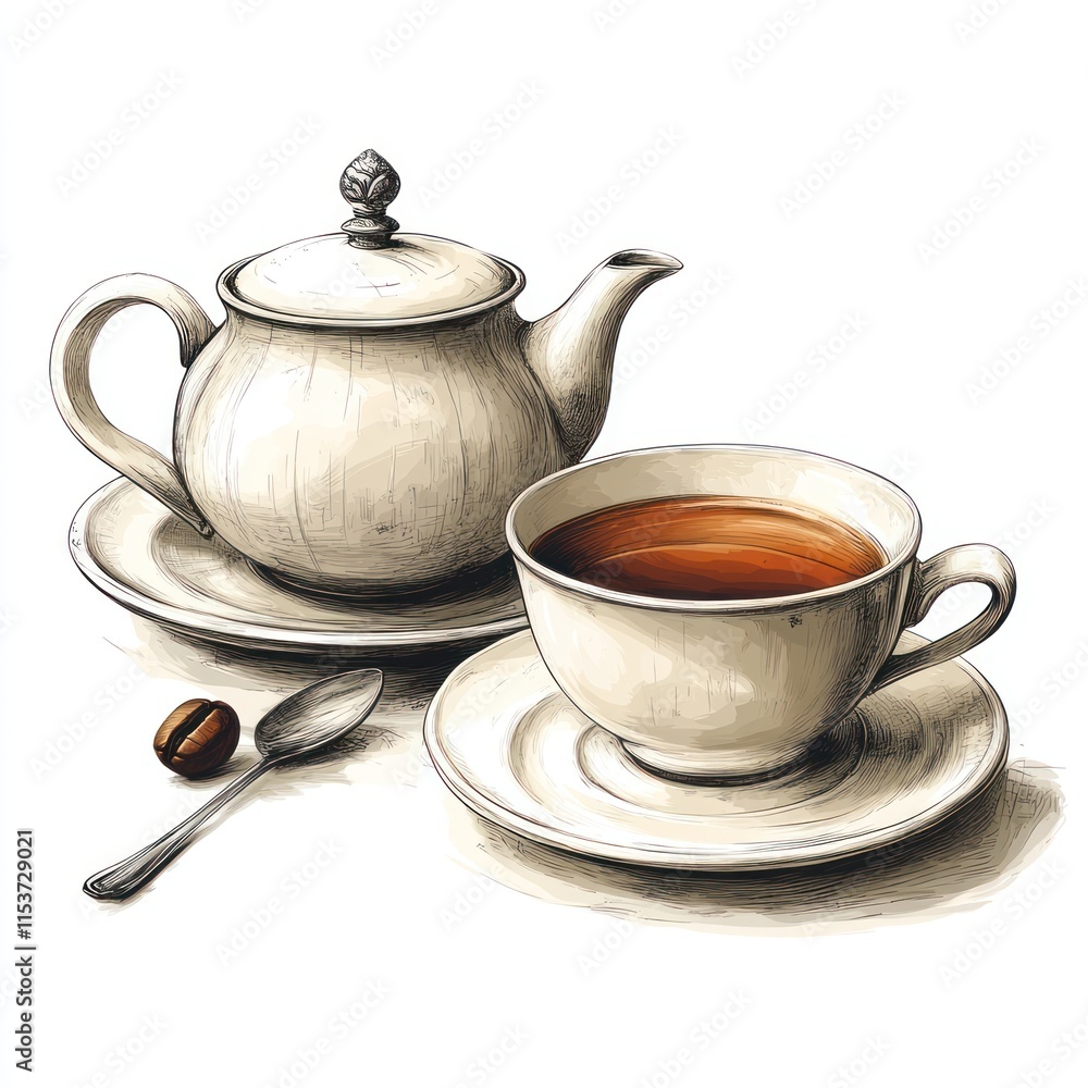 Teapot and teacup with saucer and spoon. Teapot and teacup with saucer and spoon.